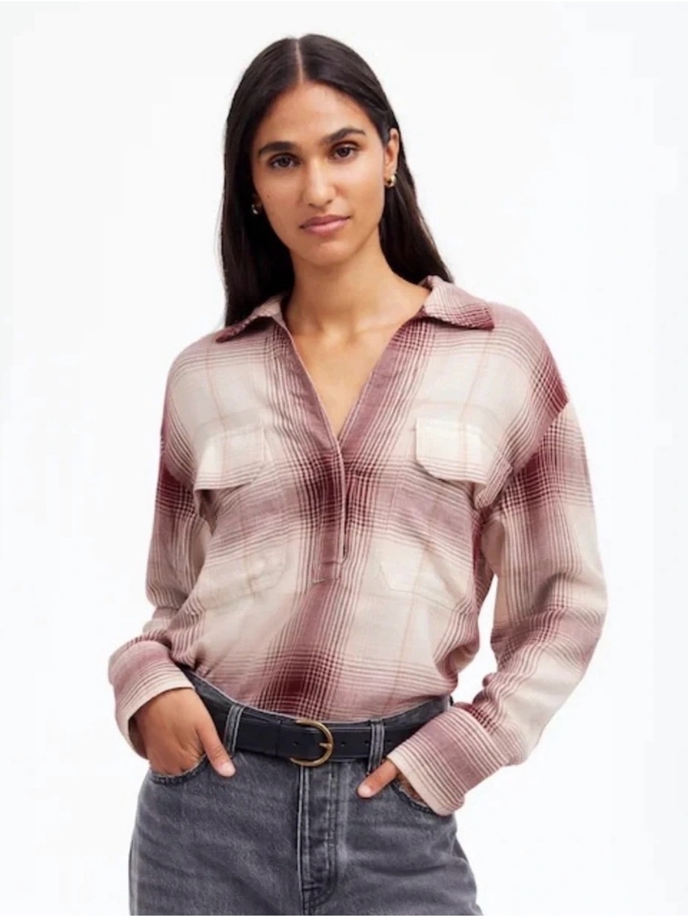 Madewell Mauve Plaid Half-Button Collared Shirt